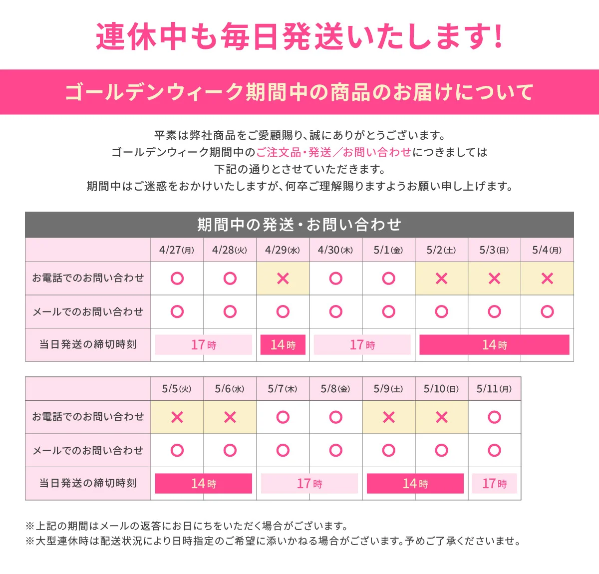 ゴールデンウイーク期間中の商品のお届けについて
