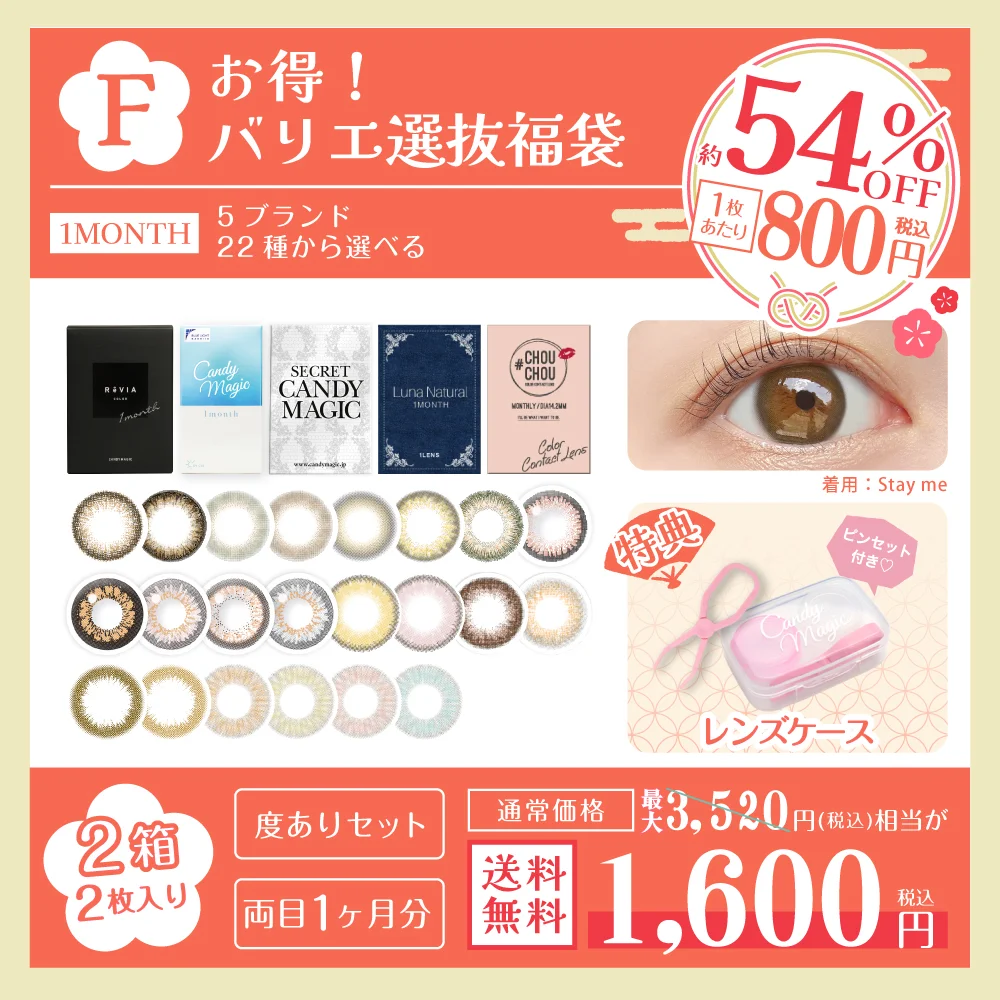【福袋F】5ブランドから選べる 度あり マンスリー 2箱2枚セット＜レンズケース1個＞ 送料無料