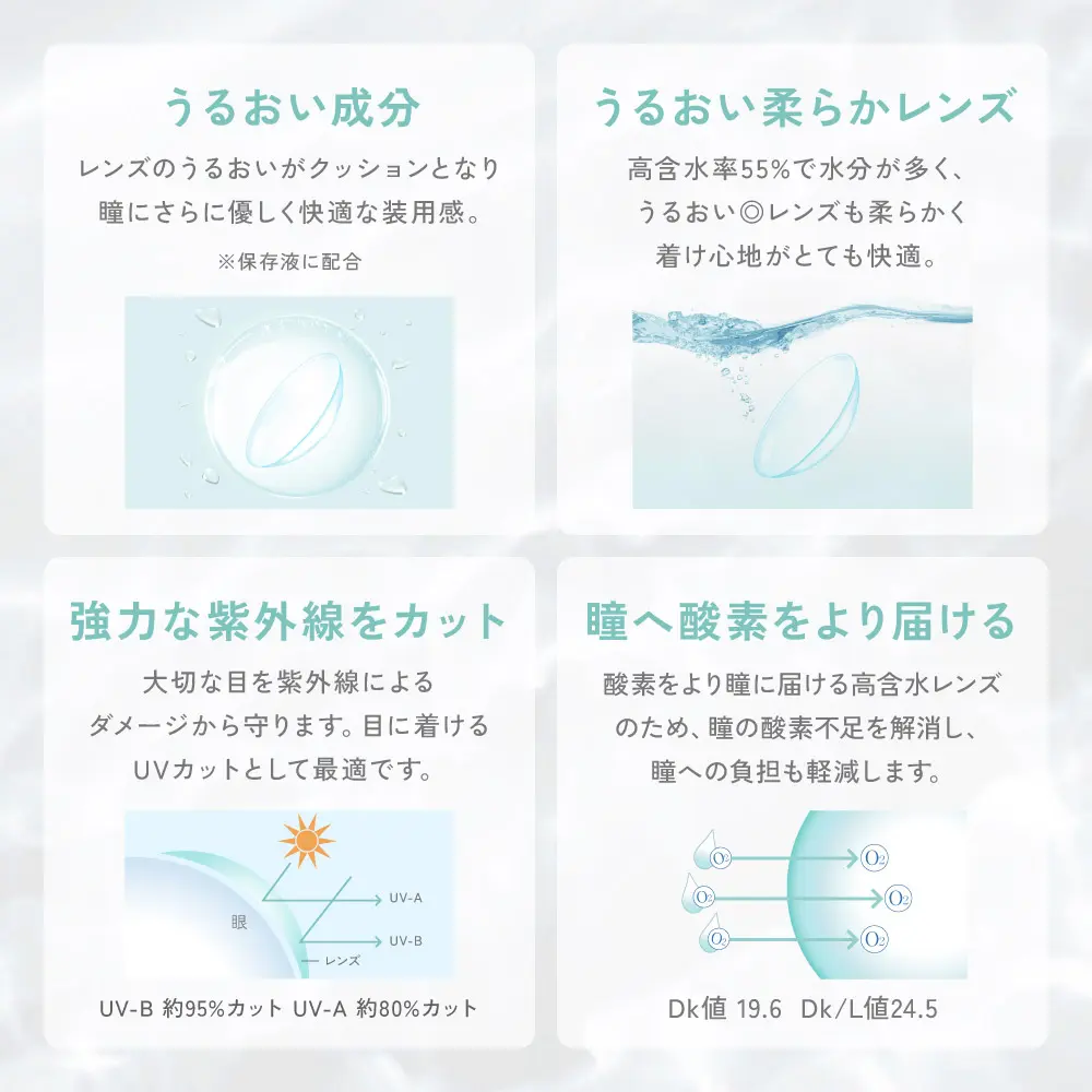 01うるおい成分配合 02うるおい柔らかレンズ 03強力な紫外線カット 04瞳へ酸素をより届ける