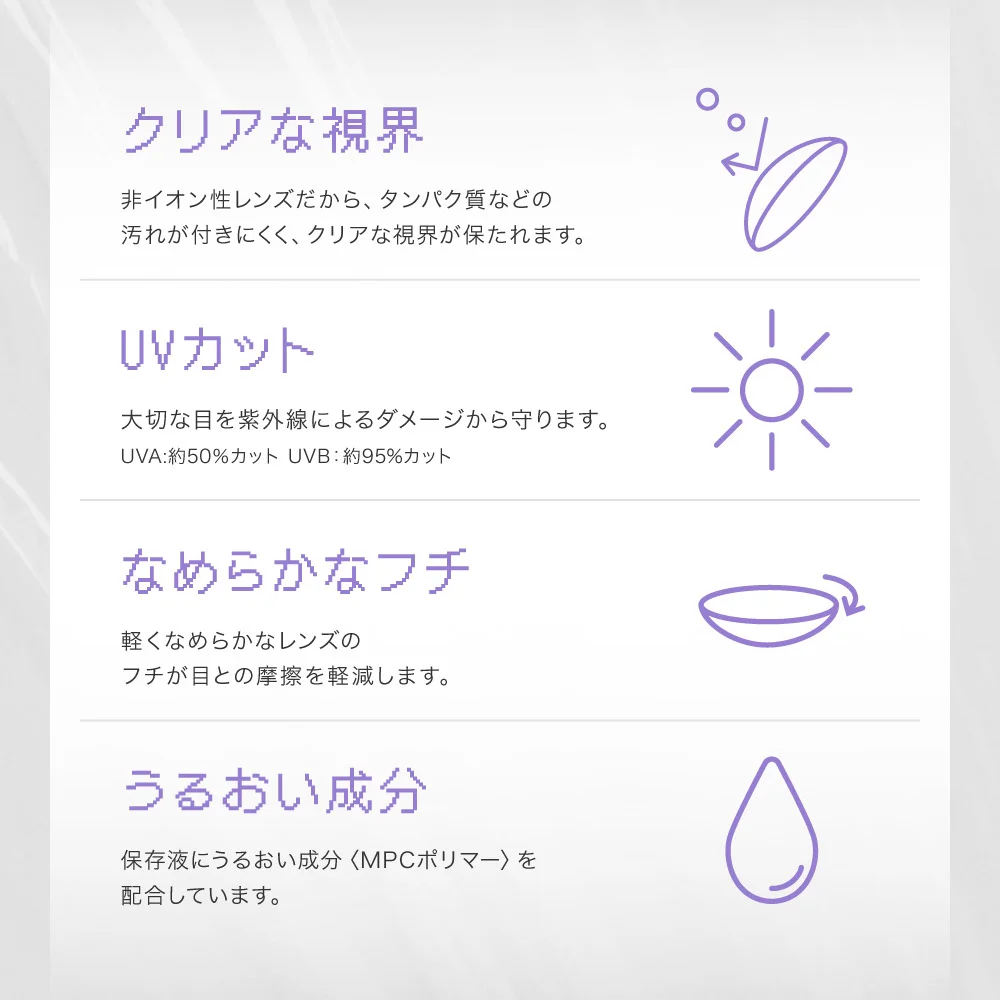 クリアな視界・UVカット・なめらかなフチ・うるおい成分