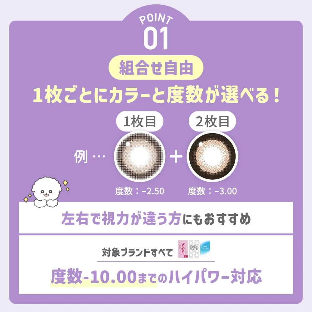 ポイント01 組み合わせ自由1枚ごとにカラーと度数が選べる!