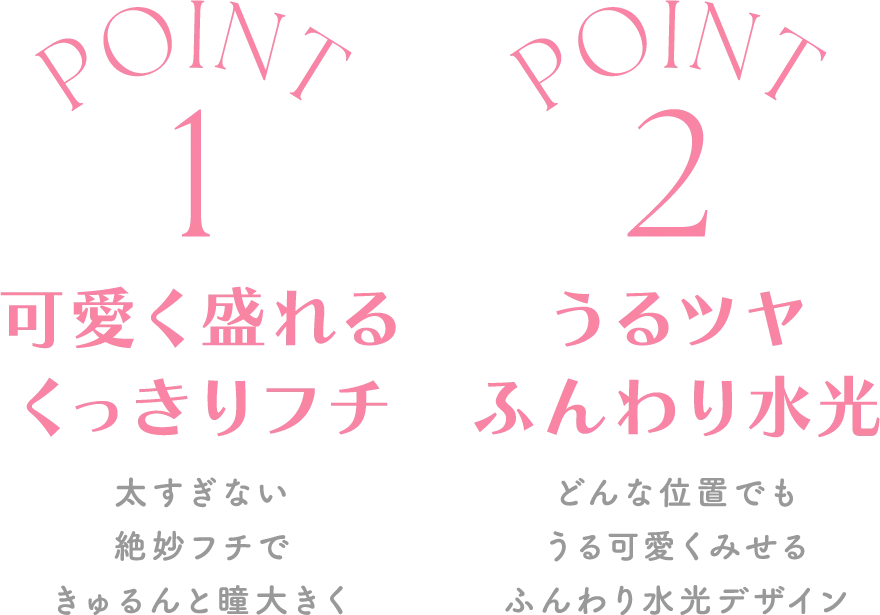 ポイント1：可愛く盛れるくっきりフチ・ポイント2:うるツヤふんわり水光
