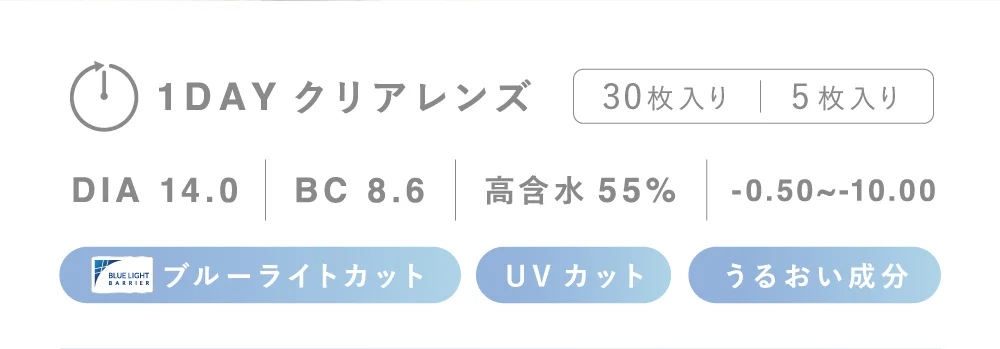1DAY クリアレンズ 5枚入り30枚入り DIA 14.0 BC 8.6 高含水55% 度あり・度なし±0.00~-10.00 ブルーライトカット UVカット うるおい成分