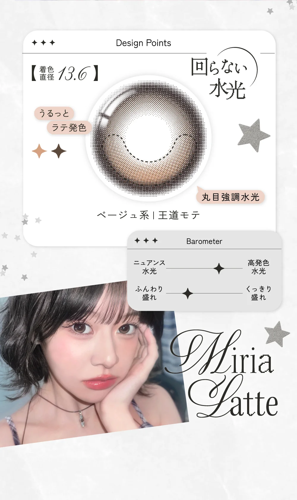 ミリアラテのデザインポイント 着色直径13.6mm うるっとラテ発色 丸目強調水光