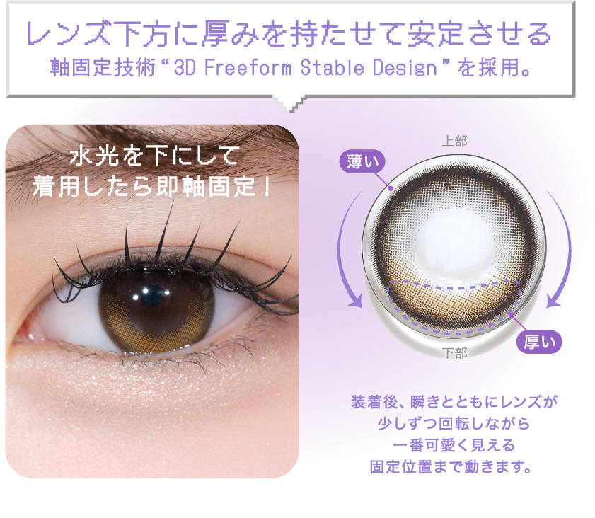 装着後、瞬きとともにレンズが少しずつ回転しながら一番可愛く見える固定位置まで動きます。