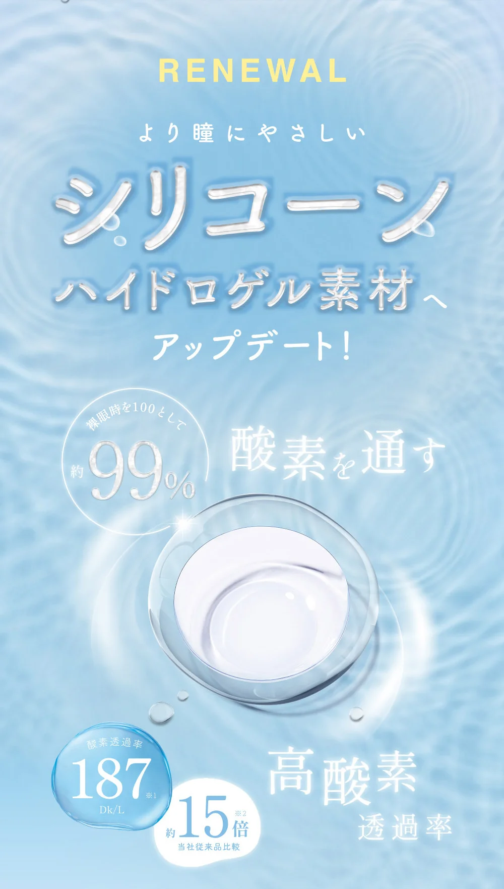 より瞳にやさしい シリコーンハイドロゲル素材へアップデート 高酸素透過率