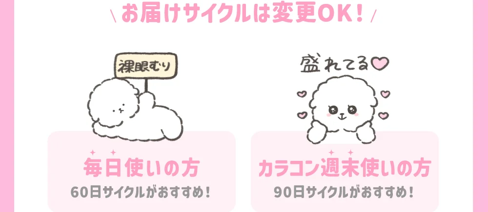 お届けサイクルは変更OK！ 毎日使いの方…60日サイクルがおすすめ！ カラコン週末使いの方…90日サイクルがおすすめ！ ※SIE.1DAYの場合、1回の発送で10枚入り×12箱お届けします。