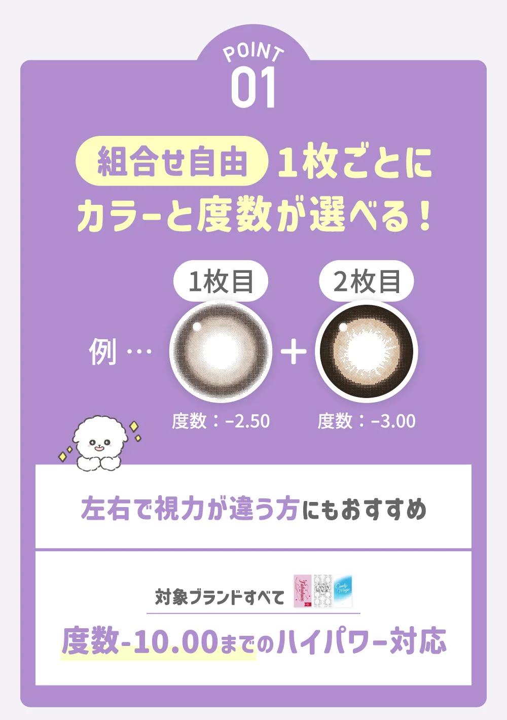 POINT01 組み合わせ自由 1枚ごとにカラーと度数が選べる！